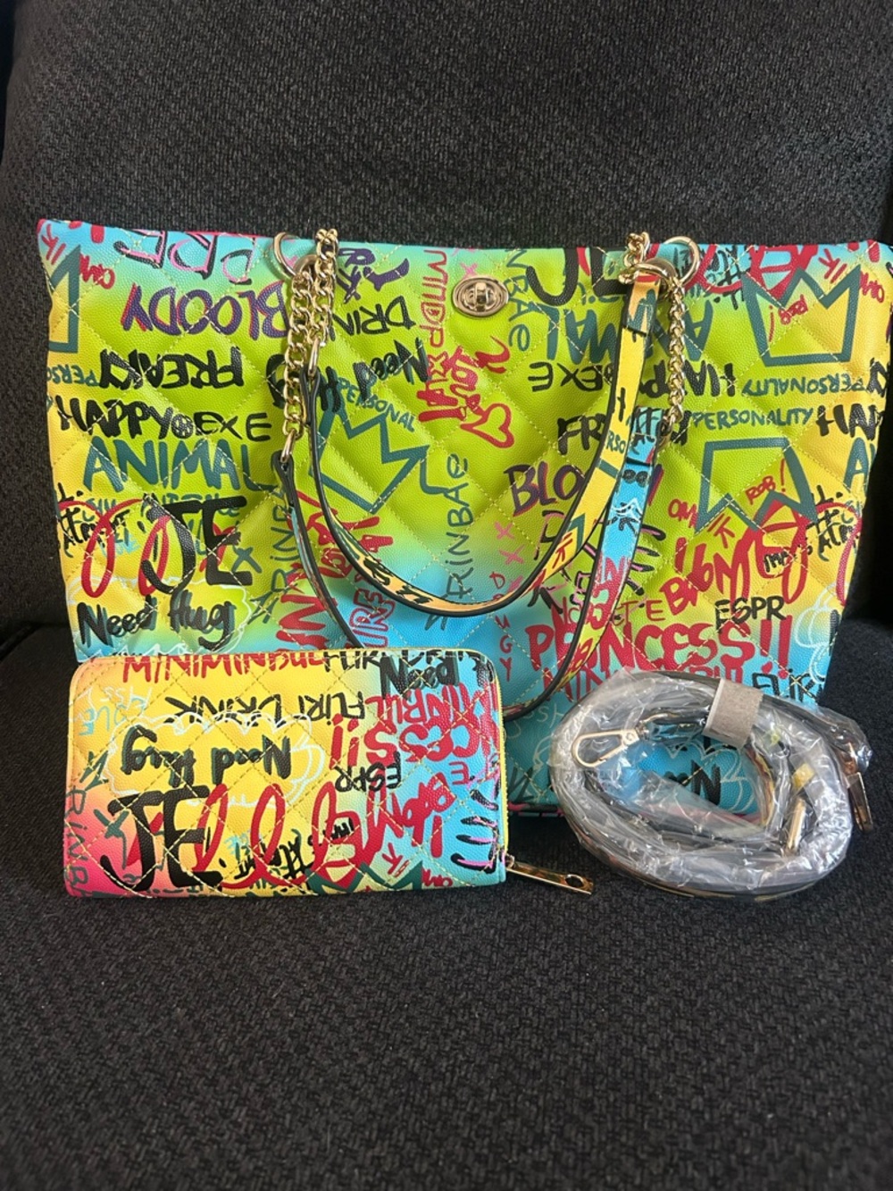 Vibrant Multicolor Graffiti Tote with Matching Wallet